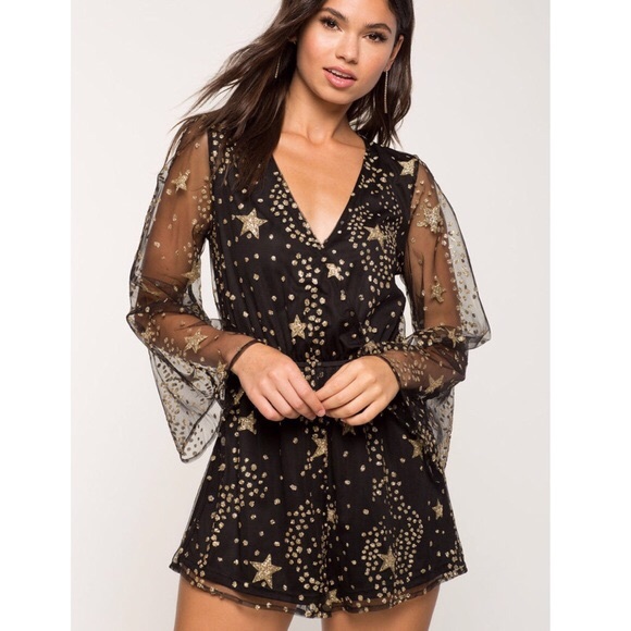 a'gaci Dresses & Skirts - A’gaci Gold Glitter Star Mesh Black Romper